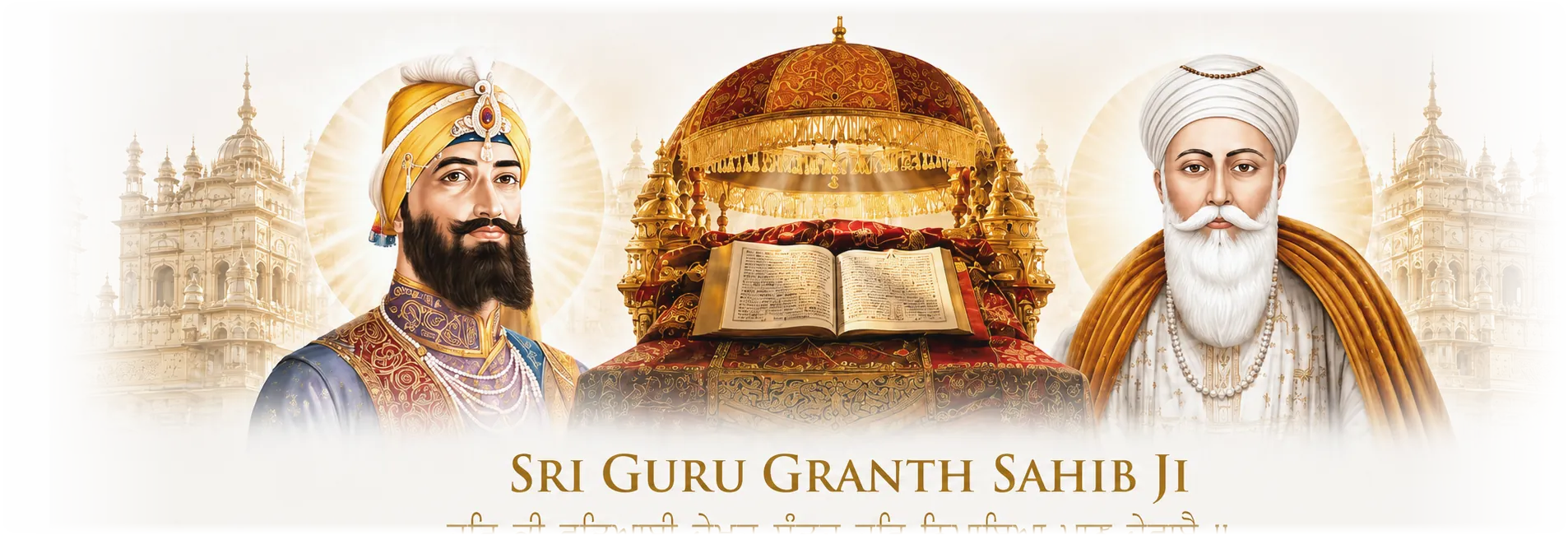 Sri Guru Granth Sahib Ji with Sri Guru Gobind Singh Ji and Sri Guru Nanak Dev Ji